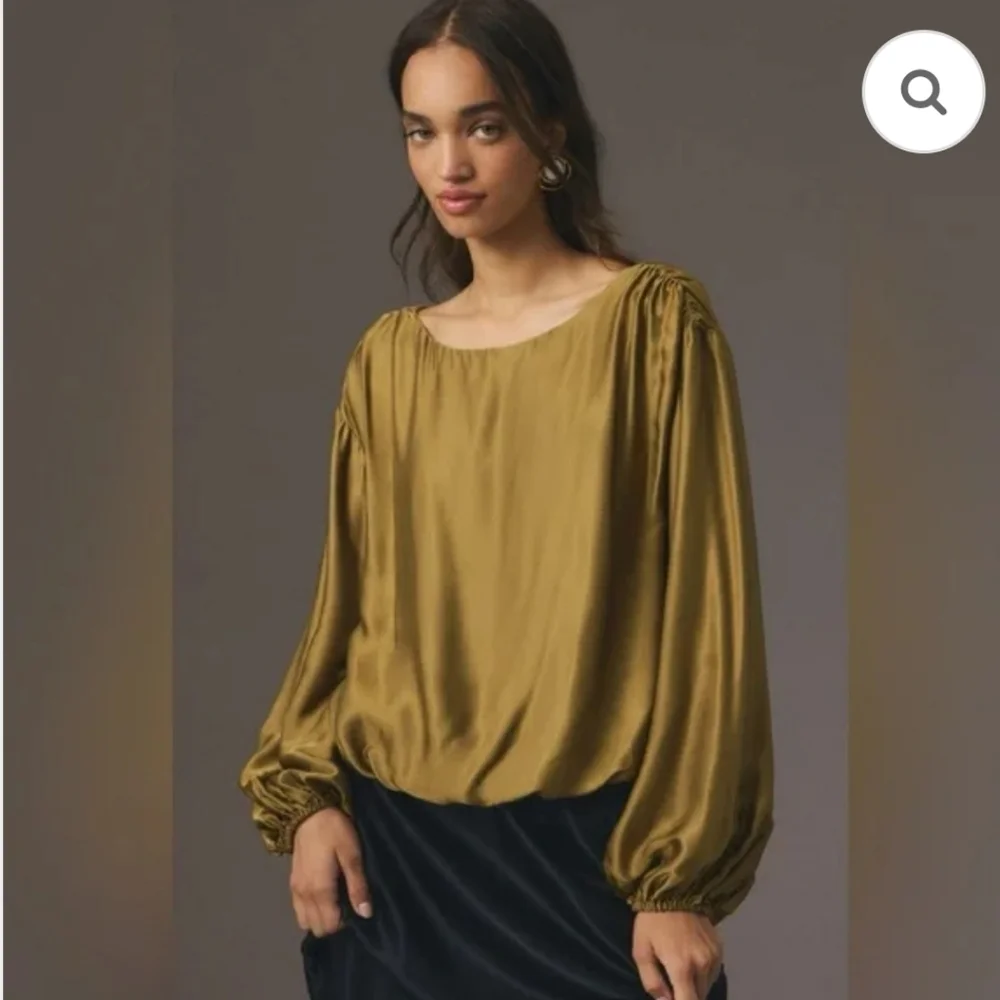 By Anthropologie Olive Green Balloon Sleeve Silky Blouse Top